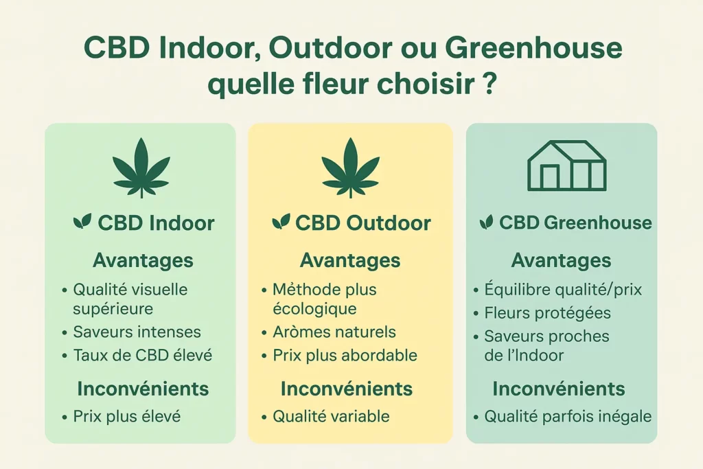 Infographie CBD Indoor, Outdoor et Greenhouse – différences entre culture intérieure, extérieure et sous serre, fleurs CBD légales THC < 0,3 %