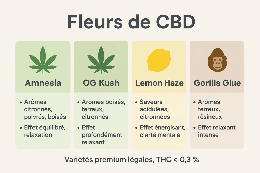 Infographie fleurs CBD Amnesia 🌿, OG Kush 🌿, Lemon Haze 🍋 et Gorilla Glue 🦍 – arômes, effets et variétés premium légales en France, THC < 0,3 %