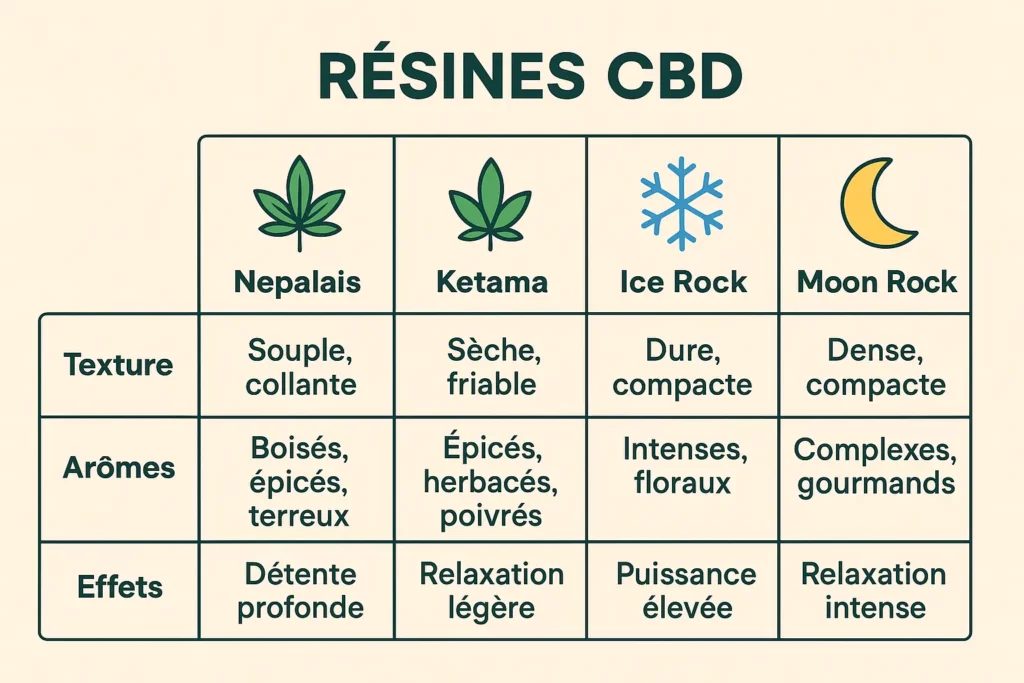 Infographie résine CBD Nepalais, Ketama, Ice Rock et Moon Rock – comparaison des textures, arômes et effets, produits légaux THC < 0,3 %